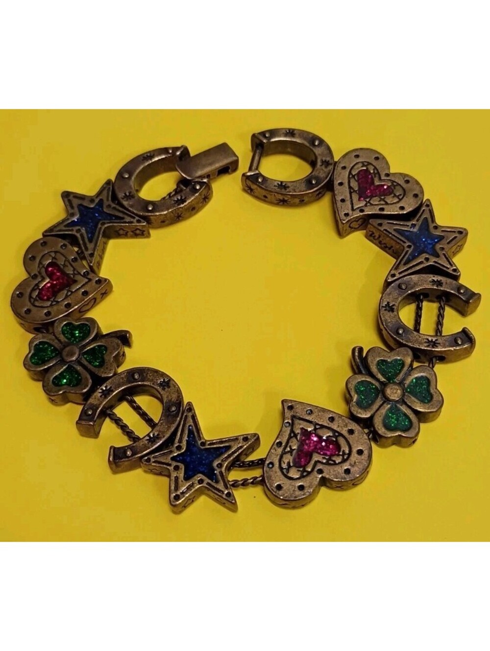 Vintage Avon Lucky Slider Charm Bracelet Clover Horseshoe Star Heart Slide